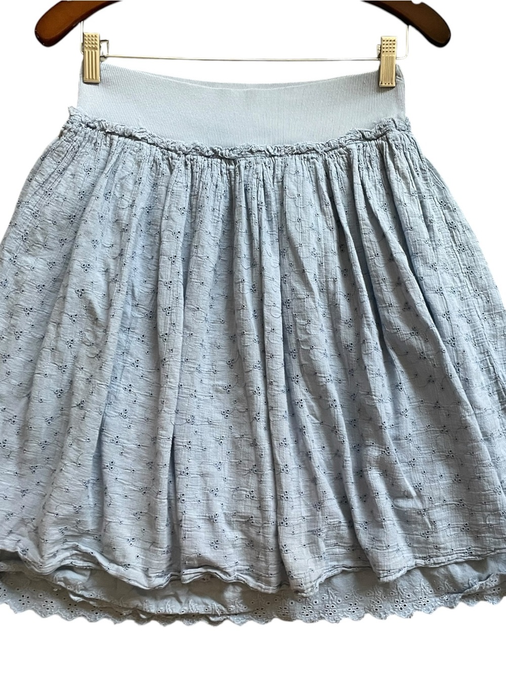 Sole Mio Blue Eyelet Midi Skirt 100% Cotton Made USA Romantic Cottagecore